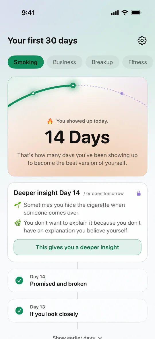 Home in Honest Me on day 14: the heading Your first 30 days, Challenge tabs, a progress arc with 14 Days, and the last two days, Promised and broken and If you look closely, both complete.